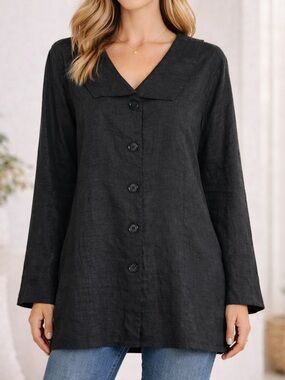 FLAX Black Linen Button Front Tunic Top Large Oversized Minimalist